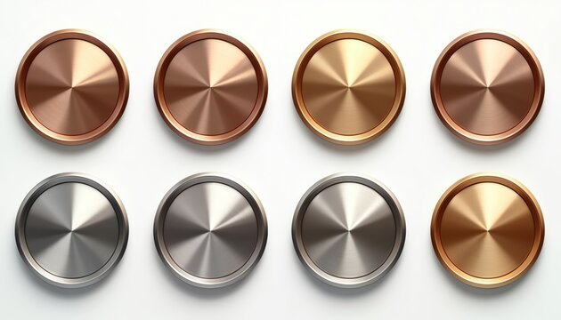 Set of round metal buttons with brushed texture in copper bronze gold and silver tones. Objects presented on white background. Graphic design elements.