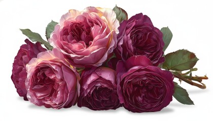 Beautiful bouquet of pink and burgundy rose flowers with green leaves isolated on a white background. Romantic floral illustration for design or greeting card.