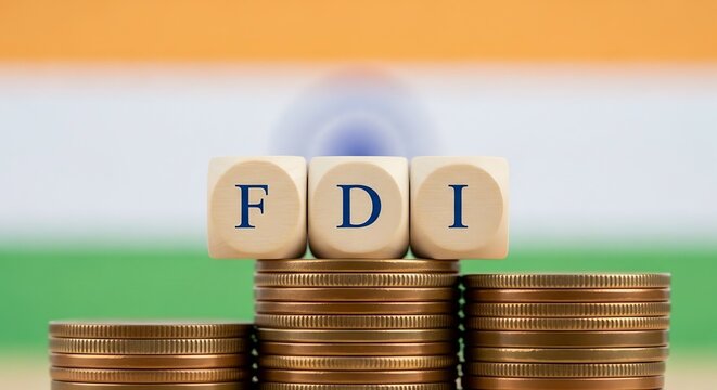 Foreign direct investment concept with FDI blocks on stacked coins over flag