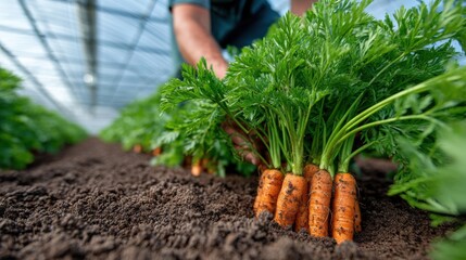 Harvesting fresh carrots in greenhouse