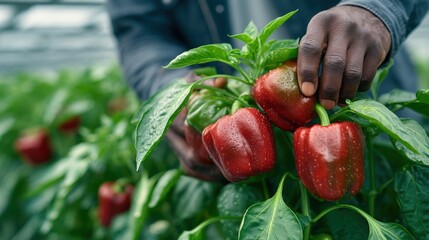 Hand picking ripe red bell peppers