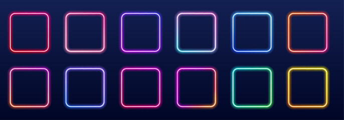Neon square frames float softly on a dark surface, blending purple and cyan light. Perfect for futuristic designs, posters, and UI overlays.  © Extrastock