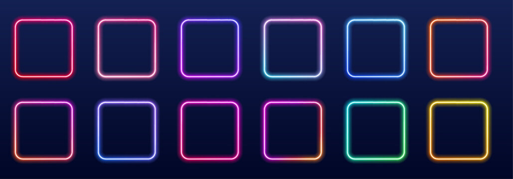 Neon square frames float softly on a dark surface, blending purple and cyan light. Perfect for futuristic designs, posters, and UI overlays. 