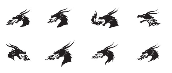 Collection of Dragon Head Silhouettes with Fire Breath, Mythical Creature, Fantasy Art, Fierce Expression
