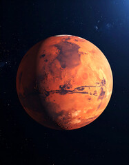 Red planet, Mars, in deep space. Craters and shadowed areas visible, bright spots