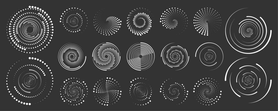 Set of gradient dotted circles with dynamic rotation. Vector spirals for modern design overlays. Perfect for UI animations.