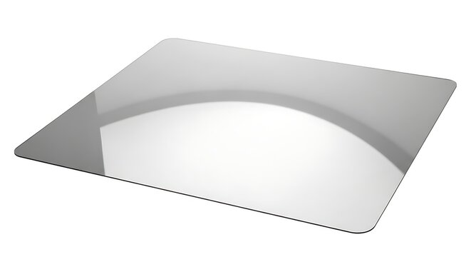 A sleek, modern mousepad with a curved edge, viewed from above, featuring a reflective surface and a minimalist design