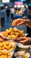 Street food vendor serving fried snacks.