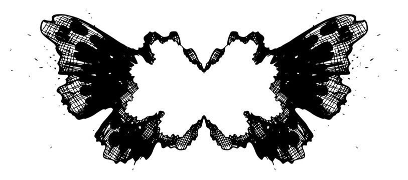 Symmetrical butterfly rorschach ink blot with hatched texture and splatter details