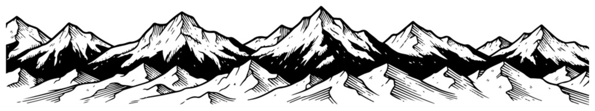 Detailed woodcut style panoramic mountain range illustration with hand drawn hatching
