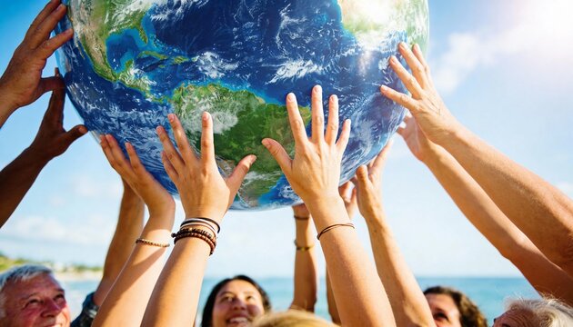 Diverse people lifting planet earth together under blue sky to symbolize global sustainability and shared environmental responsibility.