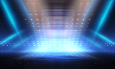 Fototapeta premium Futuristic scene of blue neon light beam shining with speed movement on dark blue background.