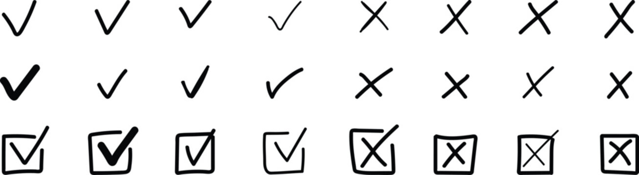  Hand drawn  Check the mark icon set .  Hand drawn brush stroke check mark with box .Check tick mark icon set. Vector illustration