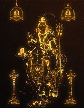 Divine Lord Shiva on Nandi with Traditional Oil Lamps and Hanging Bells Gold Illustration