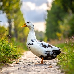 Speckled duck on path. Nature scene with bokeh background