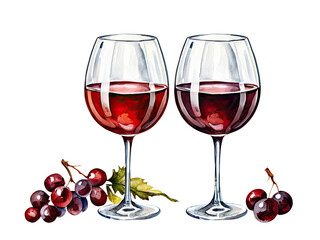 Obraz premium A still life composition featuring two glasses of wine and a bunch of grapes watercolor painting