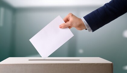 Fototapeta premium brief description a hand throwing a ballot into a ballot box against the backdrop of a light interior concept close up of the election process political voters