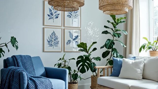 Bright living room interior with blue accents and houseplants