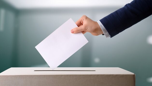 brief description a hand throwing a ballot into a ballot box against the backdrop of a light interior concept close up of the election process political voters