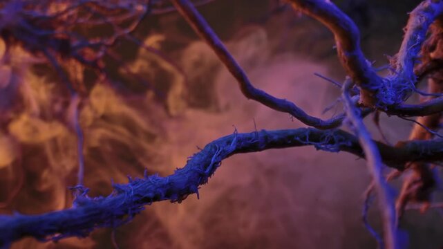 Macro shot of complex plant roots illuminated with red and blue lighting and shrouded in smoke, creating a surreal effect.
