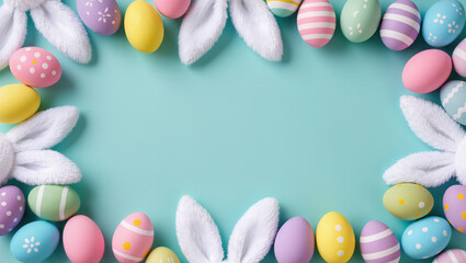Easter eggs frame, pastel color decorated eggs  top view, Easter holiday card template