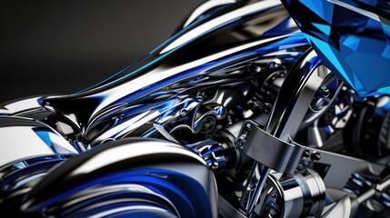 Close Up of Futuristic Motorcycle with Shiny Blue and Silver Metallic Finish