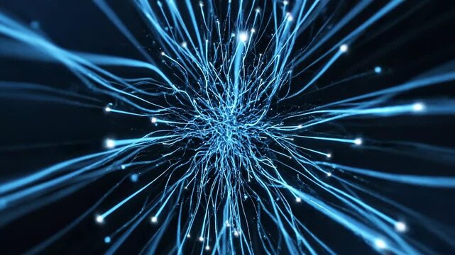 Abstract fiber optic light trails radiate outward in a dark digital space for technology communications and background use.