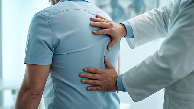 Doctor examining a patient's back in a medical consultation checking spine and posture