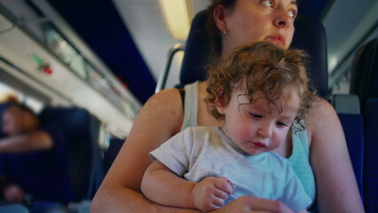 Mother helps toddler examine object while seated together on train, both focused and quiet during relaxed moment of travel