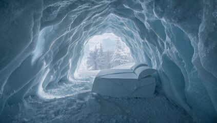Obraz premium Ice Tunnel With Blue Lighting and Snow Path Leading to a Distant Opening
