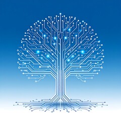 Circuit-board tree. Trunk sprouts branches reaching sky. Blue background. Electrical pathways highlighted