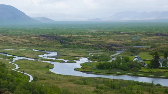 Iceland. Thingvellir National park, a rift valley where the North American and Eurasian tectonic plates meet. Time-lapse of nature and people