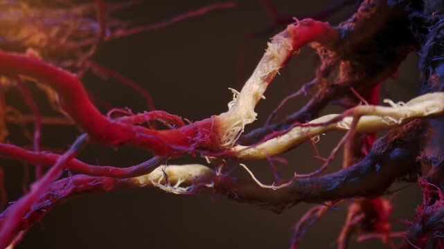 A macro shot of intricate plant roots illuminated by red and blue light, with a beam of light sliding across them, creating a surreal effect.
