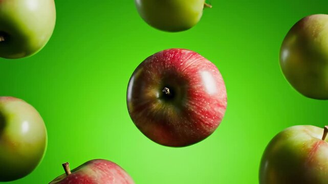 Animation surrealism, a flower turns into a juicy apple on a bright green background