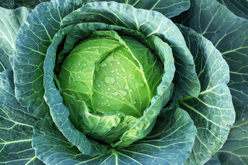 Fototapeta premium A large head of cabbage with drops of water, close-up. Concepts - organic products, farming, vegetable growing.