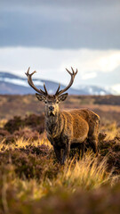 Fototapeta premium Stag stands alert in a field. Highlands backdrop with snow-capped mountains under a cloudy sky