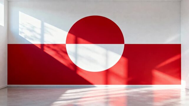 Sun moving, casting shadows through tall left windows over gallery mural and glossy floor
