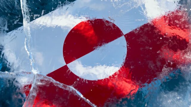 Shifting glare and focus revealing red-white circular flag motif through cracked clear ice closeup