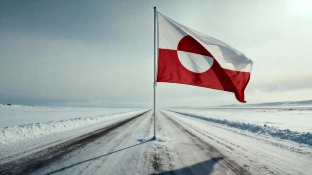 Billowing red-white flag on pole rotating and unfurling on snow road, wind revealing emblem