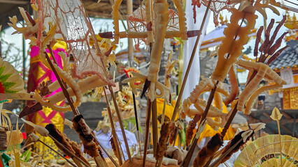 Sate Renteng Traditional Balinese Hindu Ritual Offerings at Temple Ceremony in Bali Indonesia