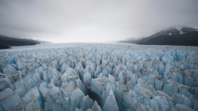 Descending drone surveying crevassed glacier near surface showing seracs crevasses sediment streaks