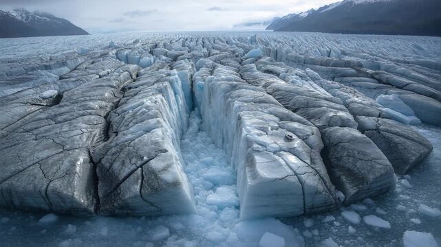 Moving aerial camera approaching central crevasse over valley, revealing blue ice and debris