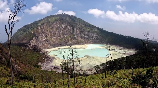 Scenic View of Kawah Putih Volcanic Crater Lake in Ciwidey West Java, Indonesia on a Sunny Day with Blue Sky and No People