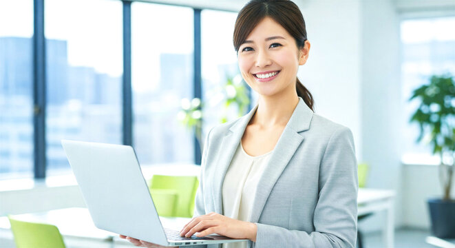 PCを持ち笑顔で働くビジネス女性
