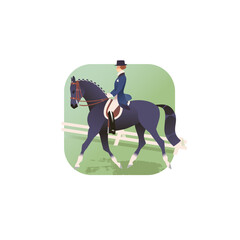 Black horse with rider performing dressage, equestrian vector icon, horse sport scene