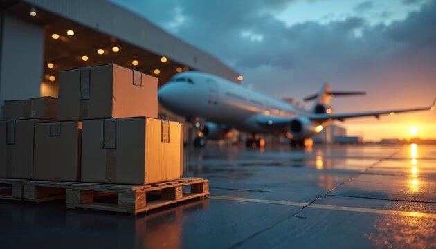 Cardboard boxes stacked on wooden pallet at airport tarmac. Cargo airplane waits near hangar with lights. Global delivery and distribution concept.