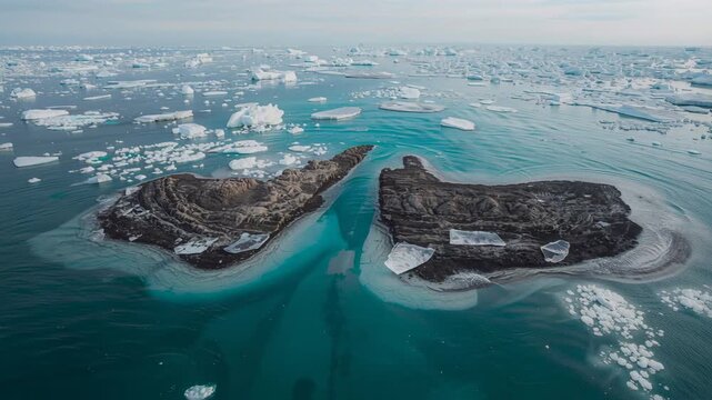 Advancing aerial camera showing layered strata on two islets in polar sea with turquoise channel