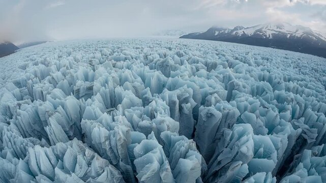 Beginning drone camera moving forward and descending over glacier, documenting seracs and crevasses
