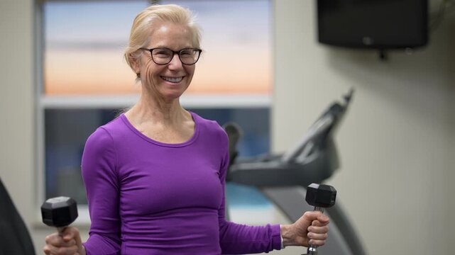 Fit woman works out with free weights in her home gym while looking in the mirror for proper form and balance.