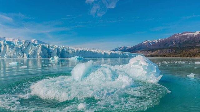 Shifting pale blue iceberg cracking at base, collapsing into foamy chunks across turquoise lagoon
